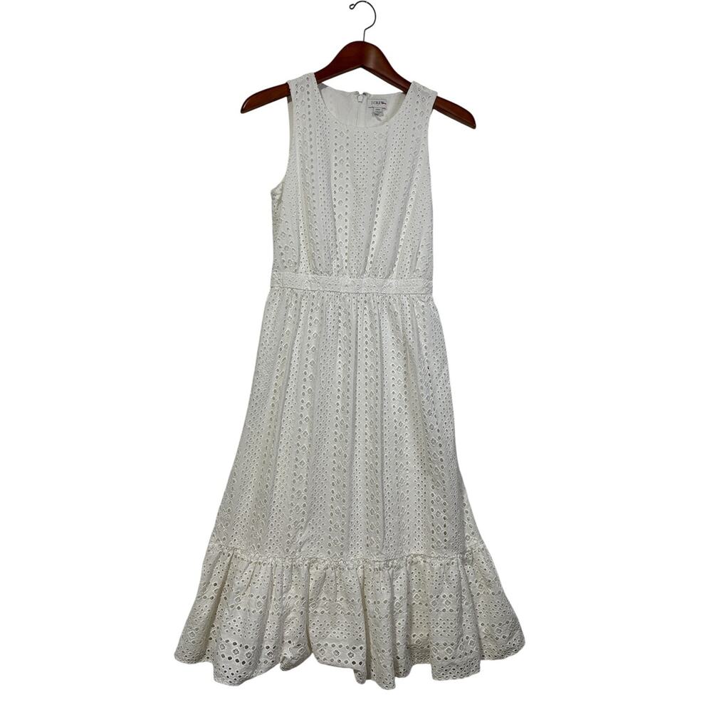 Size 00 | J CREW Women’s White Cotton Eyelet Lace Sleeveless Midi Dress